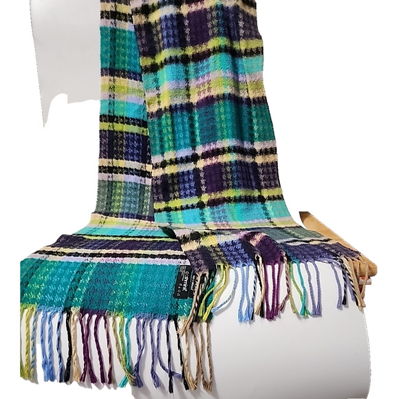 V. Fraas Cashmink® Turquoise Plaid Scarf 32"x 11" 3" Fringe - Picture 5 of 5